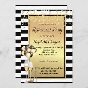 Gold Heels,Glass,Ballons,Stripes Retirement Party Invitation