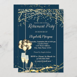Gold Heels,Glass,Balloons,Navy Blue Retirement Invitation