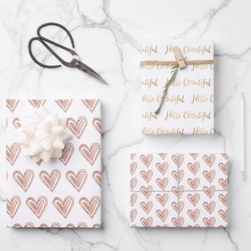 Gold Hello Beautiful Pink Hearts Wrapping Paper Sheets