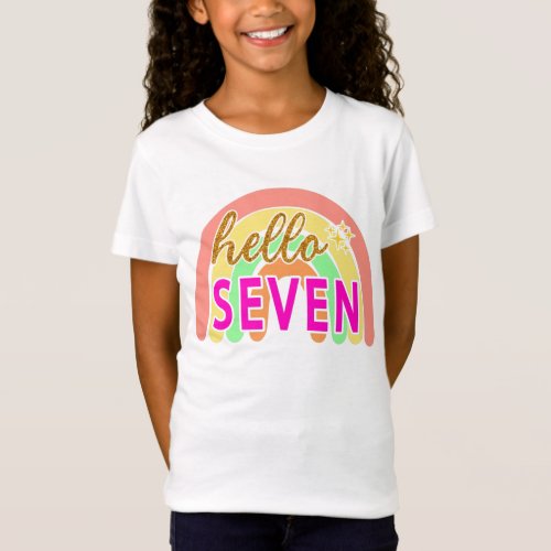  Gold Hello Seven 7th Birthday T_Shirt