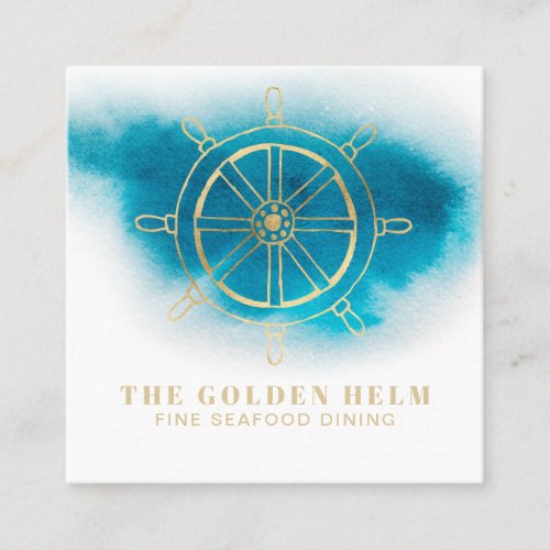  Gold Helm Fine Dining Sea White Teal Blue Square Business Card