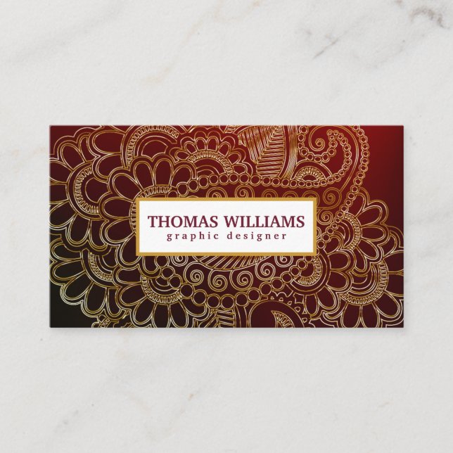Gold henna flower background paisley pattern business card (Front)