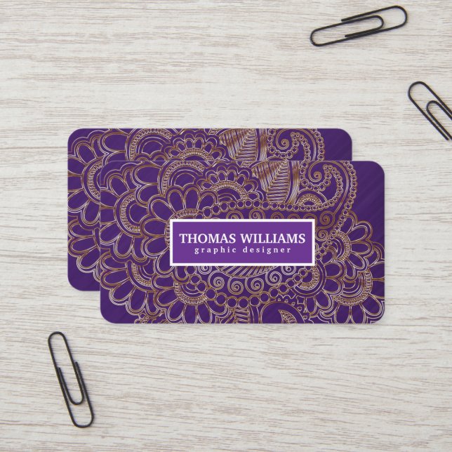 Gold henna flower background paisley pattern business card (Front/Back In Situ)