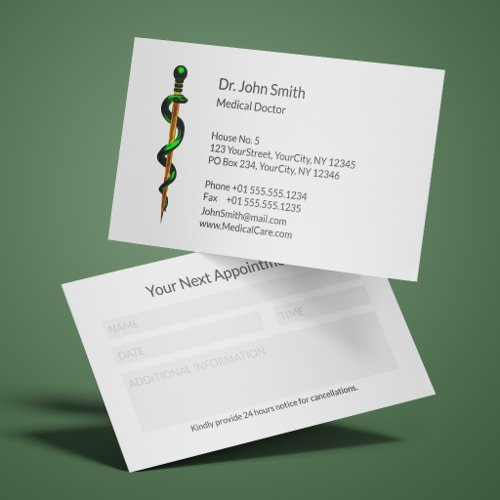 Gold Herbal Green Rod of Asclepius Medical Appointment Card