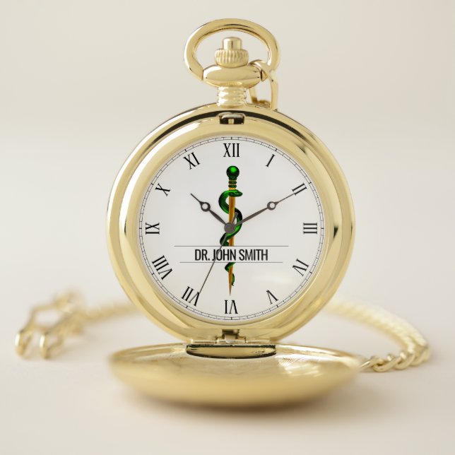 Gold Herbal Green Rod of Asclepius Medical Name Pocket Watch (Inside)