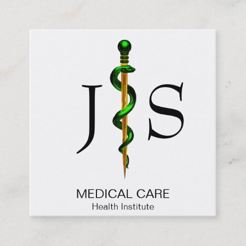 Gold Herbal Green Rod of Asclepius Medical Square Business Card