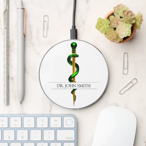 Gold Herbal Green Rod of Asclepius Medical Wireless Charger
