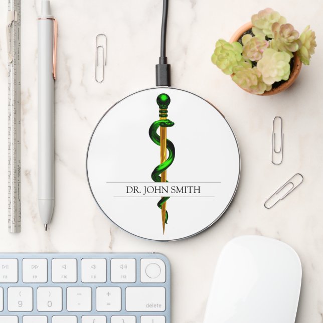 Gold Herbal Green Rod of Asclepius Medical Wireless Charger (Desk)