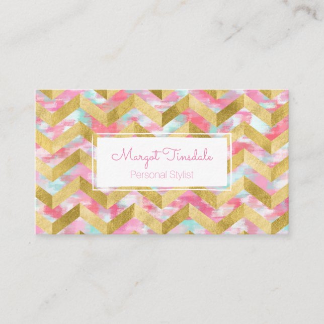 Gold Herringbone Paint Strokes Business Card (Front)
