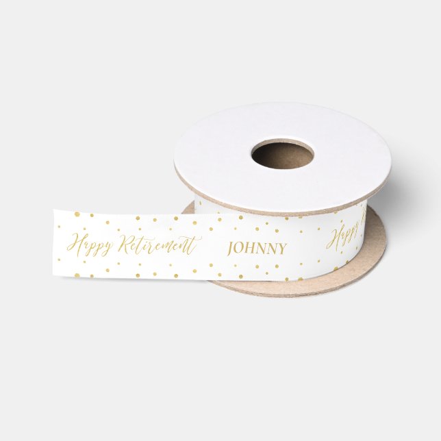 Gold & Hexagon Confetti Happy Retirement Your Name Satin Ribbon (Spool)