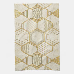 Gold Hexagon Geometric Cream Marble Pattern Kitchen Towel
