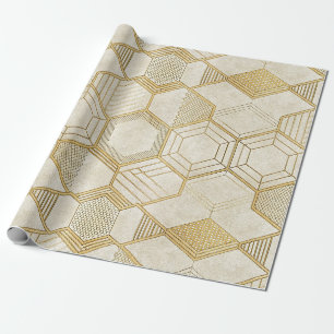 Gold Hexagon Geometric Cream Marble Pattern Wrapping Paper