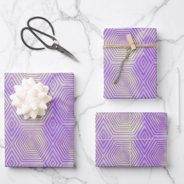 Gold Hexagon Geometric Pattern Purple Marble Wrapping Paper Sheets (Front)