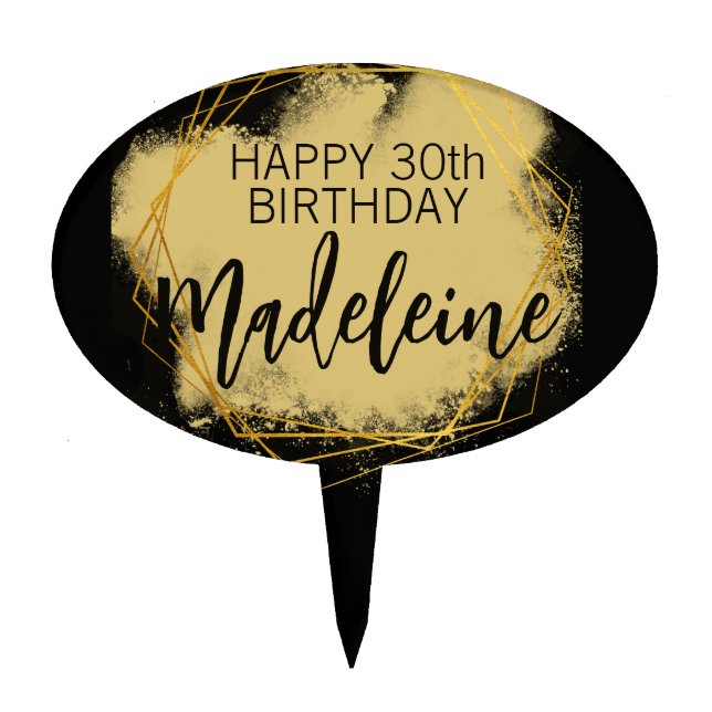 Gold Hexagon Watercolor Script Black Birthday Cake Topper (Front)