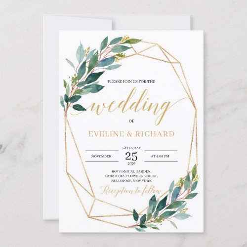 Gold hexagonal frame green eucalyptus wedding invitation