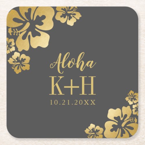 Gold Hibiscus Aloha Monogram Wedding Square Paper Coaster