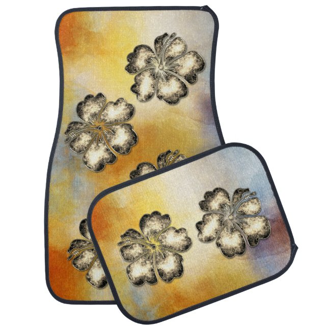 Gold Hibiscus on Watercolor Car Floor Mat (Set)