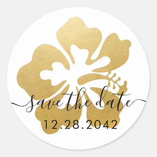 Gold Hibiscus Tropical Flower Save the Date Classic Round Sticker