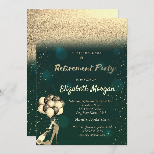 Gold High Heel Balloons Green Glitter Retirement  Invitation