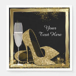 Gold High Heel Birthday Party Paper Napkins<br><div class="desc">Elegant black and gold glitter high heel shoe womans birthday paper napkins. These beautiful gold high heel shoe birthday party napkins are easily customized by adding text in the font style of your choice. You can also change the background color, remove the champagne glass, gold stars and the gold border....</div>