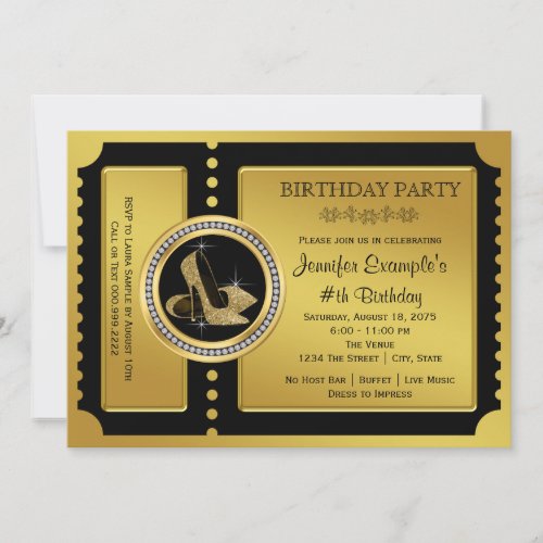 Gold High Heel Shoe Birthday Party Invitation