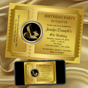 Gold High Heel Shoe Birthday Party Invitation by Champagne_N_Caviar at Zazzle