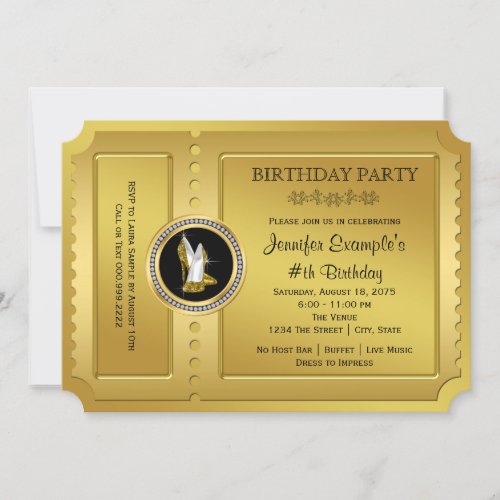 Gold High Heel Shoe Golden Ticket Birthday Party Invitation