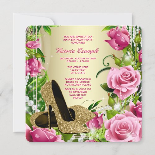 Gold High Heel Shoe Womans Rose Birthday Party Invitation