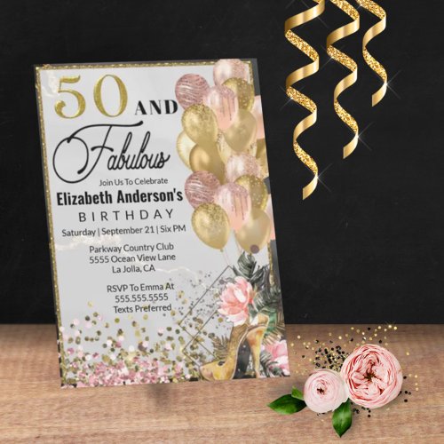 Gold High Heel Shoes 50 and Fabulous Birthday Invitation