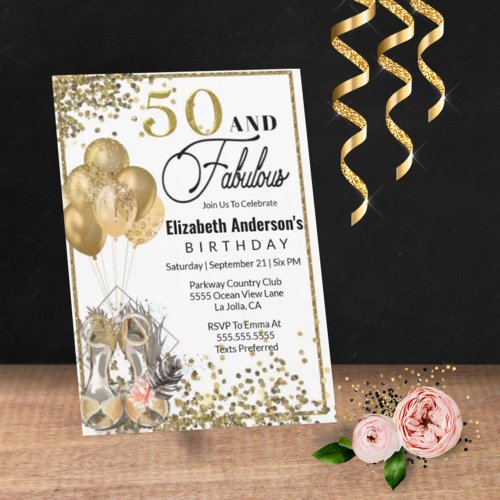 Gold High Heel Shoes 50 and Fabulous Birthday Invitation