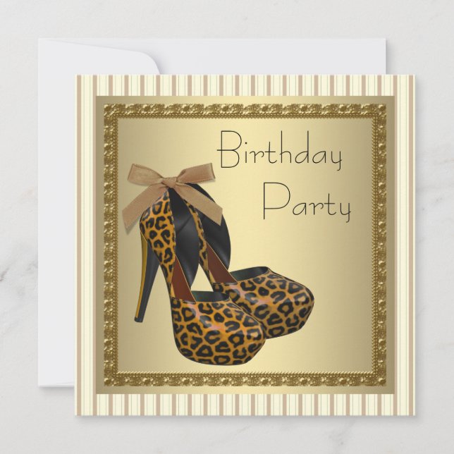 Gold High Heel Shoes Womans Leopard Birthday Invitation (Front)