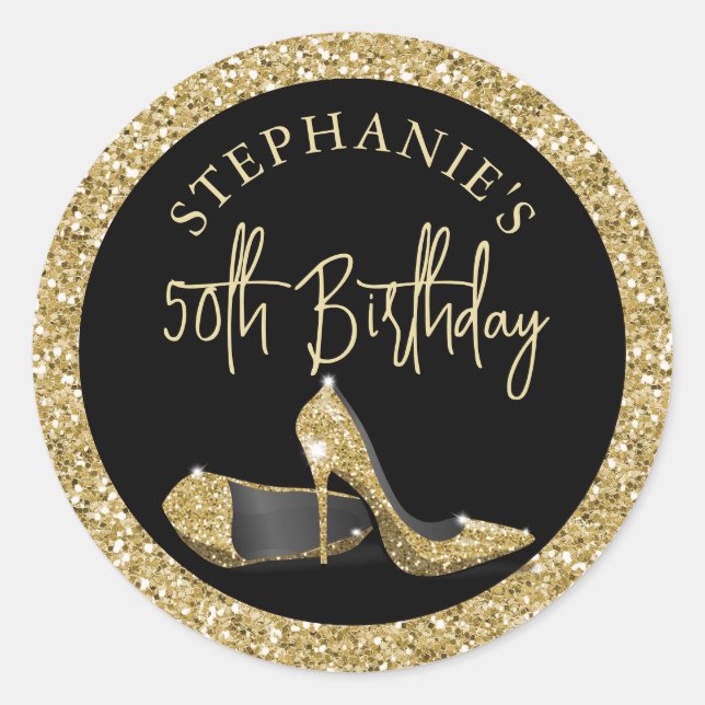 Gold High Heels 50th Birthday Personalized Classic Round Sticker (Front)