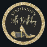 Gold High Heels 50th Birthday Personalized Classic Round Sticker<br><div class="desc">Modern Chic Elegant Black and Gold Birthday Personalized Envelope Seal or Favor Labels with Faux Glitter Yellow Gold High Heel Stiletto Shoes and custom name and birthday year in modern trendy whimsical calligraphy script cursive font.</div>