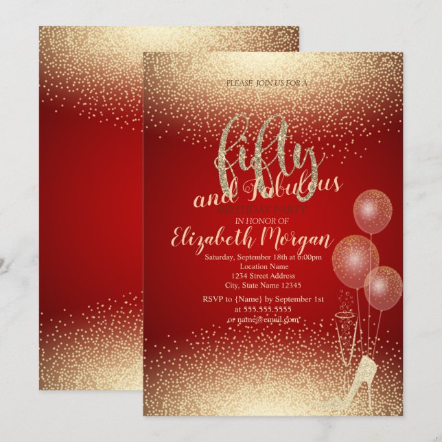Gold High Heels Confetti,Red  50th Birthday Party Invitation (Front/Back)