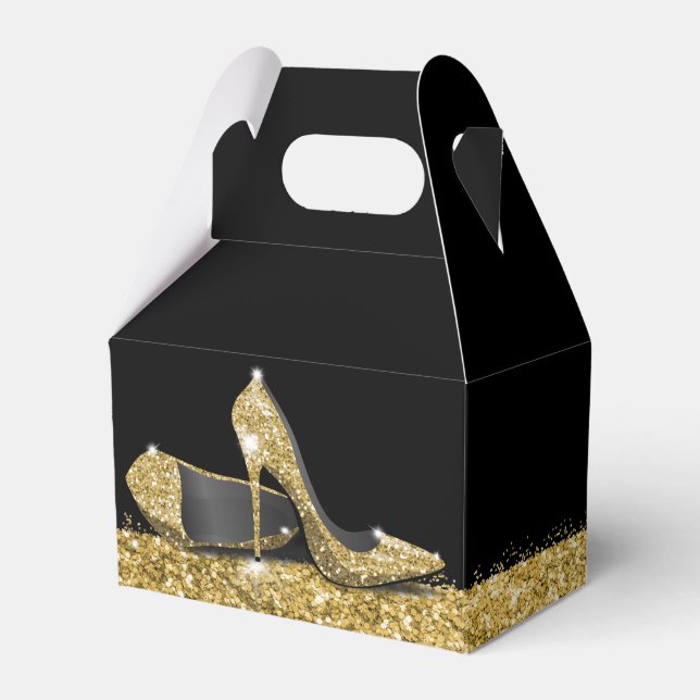 Gold High Heels Confetti Stripe Elegant Black Favor Boxes (Front Side)