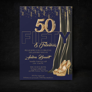 Gold High Heels Elegant Navy 50 Fabulous Birthday Invitation