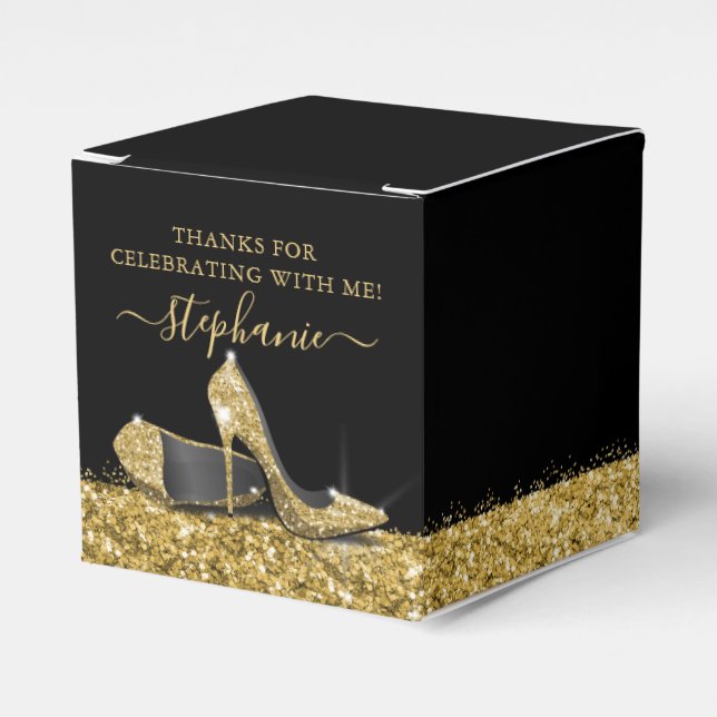 Gold High Heels Glitter Glam Birthday Party Favor Boxes (Front Side)