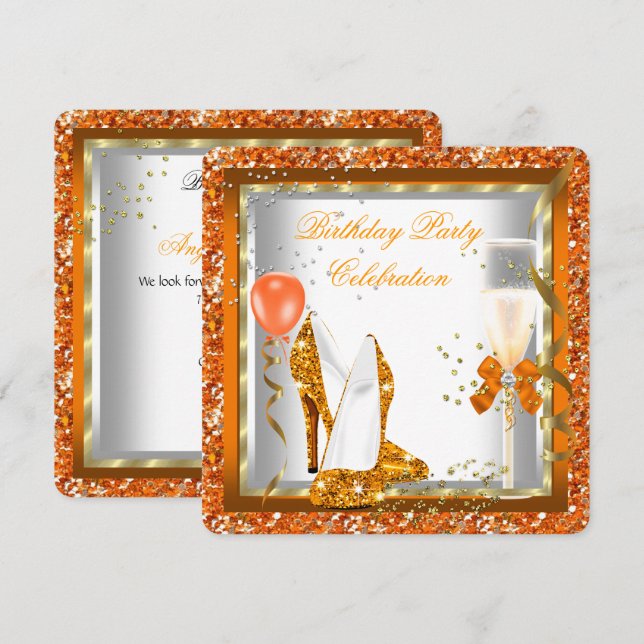 Gold High Heels Glitter Orange Birthday Party 2 Invitation (Front/Back)