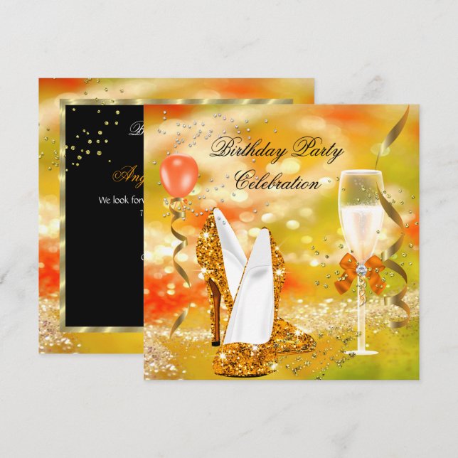 Gold High Heels Glitter Orange Birthday Party 3 Invitation (Front/Back)