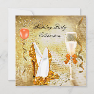 Gold High Heels Glitter Orange Birthday Party 4 Invitation