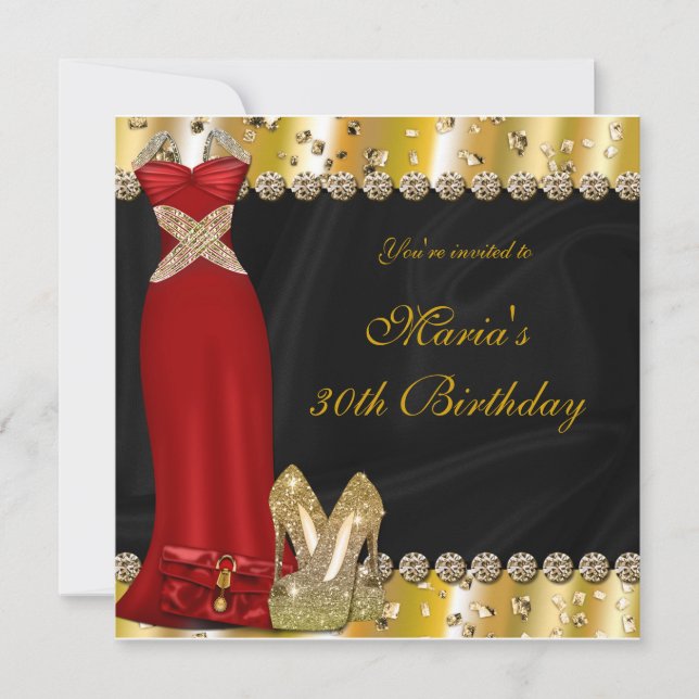 Gold High Heels & Red Gown Dress Party Invitation (Front)