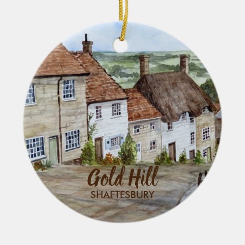Gold Hill Shaftesbury Dorset Watercolor Painting Ceramic Ornament