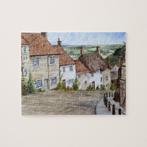 Gold Hill Shaftesbury Dorset Watercolor Painting Jigsaw Puzzle