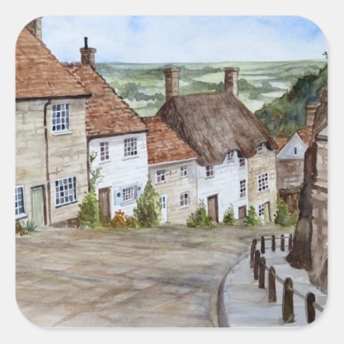 Gold Hill Shaftesbury Dorset Watercolor Painting Square Sticker