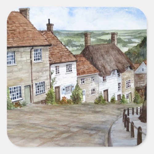 Gold Hill Shaftesbury Dorset Watercolor Painting Square Sticker