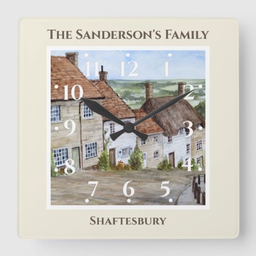 Gold Hill Shaftesbury Dorset Watercolor Painting Square Wall Clock