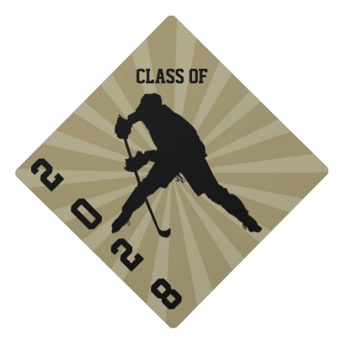 Gold Hockey Black Silhouette Personalized Graduation Cap Topper