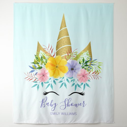 Gold hold floral unicorn baby shower tapestry