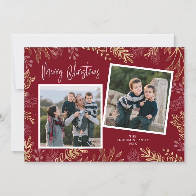 Gold Holiday Botanicals on Red 2 Photo Christmas (Front)