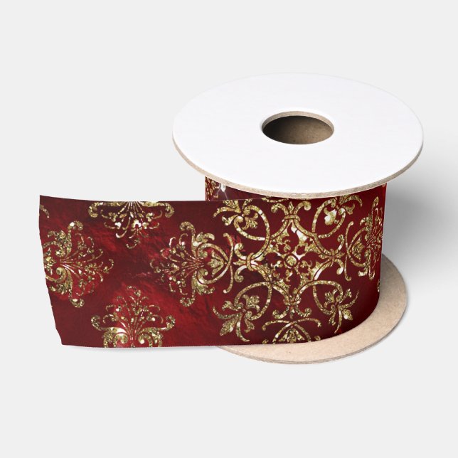 Gold Holiday Christmas Metallic Damask Elegant  Satin Ribbon (Spool)